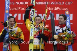 26.01.2013, Klingenthal, Germany (GER): podium, l-r: Tino Edelmann (GER), Elan, Madshus, Rottefella, adidas, Eric Frenzel (GER), Fischer, Salomon, adidas, Wilhelm Denifl (AUT), Salomon, Leki - FIS world cup nordic combined, individual gundersen HS140/10km, Klingenthal (GER). www.nordicfocus.com. © Domanski/NordicFocus. Every downloaded picture is fee-liable.
