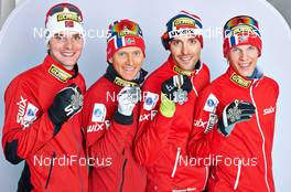 24.02.2013, Val di Fiemme, Italy (ITA): l-r: Joergen Graabak (NOR), Haavard Klemetsen (NOR), Magnus Moan (NOR), Magnus Krog (NOR) - FIS nordic world ski championships, nordic combined, medals, Val di Fiemme (ITA). www.nordicfocus.com. © Felgenhauer/NordicFocus. Every downloaded picture is fee-liable.