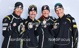 24.02.2013, Val di Fiemme, Italy (ITA): Bill Demong (USA), Bryan Fletcher (USA), Todd Lodwick (USA), Taylor Fletcher (USA) - FIS nordic world ski championships, nordic combined, medals, Val di Fiemme (ITA). www.nordicfocus.com. © Felgenhauer/NordicFocus. Every downloaded picture is fee-liable.