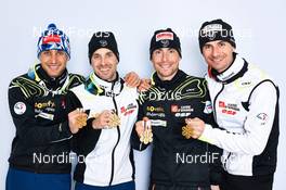 24.02.2013, Val di Fiemme, Italy (ITA): l-r: Jason Lamy Chappuis (FRA), Maxime Laheurte (FRA), Francois Braud (FRA), Sebastien Lacroix (FRA) - FIS nordic world ski championships, nordic combined, medals, Val di Fiemme (ITA). www.nordicfocus.com. © Felgenhauer/NordicFocus. Every downloaded picture is fee-liable.