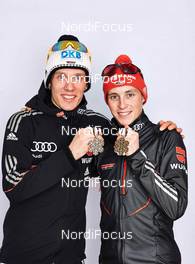 02.03.2013, Val di Fiemme, Italy (ITA): l-r: Tino Edelmann (GER), Eric Frenzel (GER) - FIS nordic world ski championships, nordic combined, medals, Val di Fiemme (ITA). www.nordicfocus.com. © Felgenhauer/NordicFocus. Every downloaded picture is fee-liable.
