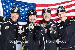 24.02.2013, Val di Fiemme, Italy (ITA): Bill Demong (USA), Bryan Fletcher (USA), Todd Lodwick (USA), Taylor Fletcher (USA) - FIS nordic world ski championships, nordic combined, medals, Val di Fiemme (ITA). www.nordicfocus.com. © Felgenhauer/NordicFocus. Every downloaded picture is fee-liable.