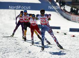 02.03.2013, Val di Fiemme, Italy (ITA): l-r: Tino Edelmann (GER), Wilhelm Denifl (AUT), Sebastien Lacroix (FRA) - FIS nordic world ski championships, nordic combined, team sprint HS134/2x7.5km, Val di Fiemme (ITA). www.nordicfocus.com. © Felgenhauer/NordicFocus. Every downloaded picture is fee-liable.
