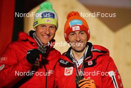 02.03.2013, Val di Fiemme, Italy (ITA): (l-r) Bernhard Gruber (AUT), Fischer, Rottefella, Loeffler and Wilhelm Denifl (AUT), Salomon, Leki, Loeffler - FIS nordic world ski championships, nordic combined, team sprint HS134/2x7.5km, Val di Fiemme (ITA). www.nordicfocus.com. © Laiho/NordicFocus. Every downloaded picture is fee-liable.