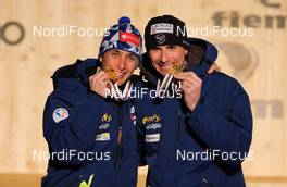 02.03.2013, Val di Fiemme, Italy (ITA): (l-r) Jason Lamy Chappuis (FRA), Salomon, Swix, One Way and Sebastian Lacroix (FRA), Atomic, Salomon, One Way - FIS nordic world ski championships, nordic combined, team sprint HS134/2x7.5km, Val di Fiemme (ITA). www.nordicfocus.com. © Laiho/NordicFocus. Every downloaded picture is fee-liable.