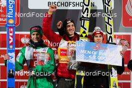 06.01.2013, Bischofshofen, Austria (AUT): best athletes of the day (l-r) Anders Jacobsen (NOR), Fluege.de, Gregor Schlierenzauer (AUT), Fischer and Stefan Kraft (AUT), Fischer   - FIS world cup ski jumping, four hills tournament, individual HS140, Bischofshofen (AUT). www.nordicfocus.com. © Laiho/NordicFocus. Every downloaded picture is fee-liable.