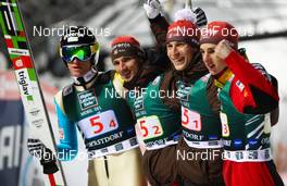 17.02.2013, Oberstdorf, Germany (GER):  (l-r) Peter Prevc (SLO), Robert Kranjec (SLO), Fischer, Jurij Tepes (SLO), Fischer and Jaka Hvala (SLO), Elan - FIS world cup ski flying, team HS213, Oberstdorf (GER). www.nordicfocus.com. © Laiho/NordicFocus. Every downloaded picture is fee-liable.