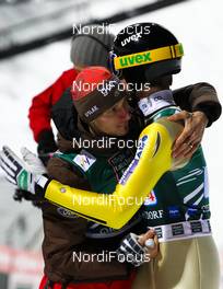 17.02.2013, Oberstdorf, Germany (GER): (l-r) Robert Kranjec (SLO), Fischer and Peter Prevc (SLO)  - FIS world cup ski flying, team HS213, Oberstdorf (GER). www.nordicfocus.com. © Laiho/NordicFocus. Every downloaded picture is fee-liable.