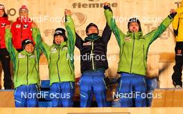 24.02.2013, Val di Fiemme, Italy (ITA):  (l-r) Sara Takanashi (JPN), Elan, Yuki Ito (JPN), Fischer, Daiki Ito (JPN), Fischer and Taku Takeuchi (JPN), Fischer - FIS nordic world ski championships, ski jumping, mixed team HS106, Val di Fiemme (ITA). www.nordicfocus.com. © Laiho/NordicFocus. Every downloaded picture is fee-liable.