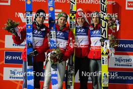 02.03.2013, Val di Fiemme, Italy (ITA): (l-r) Wolfgang Loitzl (AUT), Fluege.de, Manuel Fettner (AUT), Fluege.de, Thomas Morgenstern (AUT), Fischer and Gregor Schlierenzauer (AUT), Fischer - FIS nordic world ski championships, ski jumping, team HS134, Val di Fiemme (ITA). www.nordicfocus.com. © Laiho/NordicFocus. Every downloaded picture is fee-liable.