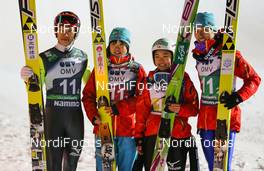 06.12.2013, Lillehammer, Norway (NOR): the winner team (l-r) Taku Takeuchi (JPN), Fischer, Yuki Ito (JPN), Fischer, Sara Takanashi (JPN), Elan and Daiki Ito (JPN), Fischer - FIS world cup ski jumping, mixed team HS106, Lillehammer (NOR). www.nordicfocus.com. © Laiho/NordicFocus. Every downloaded picture is fee-liable.