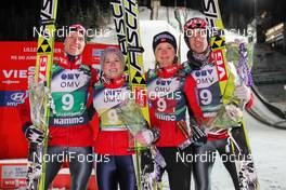 06.12.2013, Lillehammer, Norway (NOR): (l-r) Rune Velta (NOR), Fischer, Anette Sagen (NOR), Fischer, Maren Lundby (NOR), Fischer and Anders Bardal (NOR), Fischer - FIS world cup ski jumping, mixed team HS106, Lillehammer (NOR). www.nordicfocus.com. © Laiho/NordicFocus. Every downloaded picture is fee-liable.