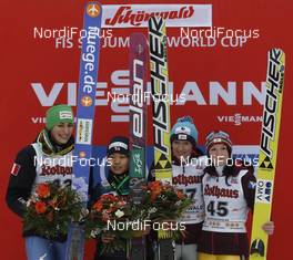 05.01.2013, Schonach, Germany (GER): podium, l-r:  Evelyn Insam (ITA), Fluege.de, Sara Takanashi (JPN), Elan, Daniela Iraschko (AUT), Fischer, Jacqueline Seifriedsberger (AUT), Fischer - FIS world cup ski jumping ladies, individual HS106, Schonach (GER). www.nordicfocus.com. © Domanski/NordicFocus. Every downloaded picture is fee-liable.