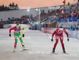 05.01.2014, Oberhof, Germany (GER): Darya Domracheva (BLR), Synnoeve Solemdal (NOR) - IBU world cup biathlon, mass women, Oberhof (GER). www.nordicfocus.com. © Manzoni/NordicFocus. Every downloaded picture is fee-liable.
