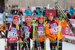 08.01.2014, Ruhpolding, Germany (GER): Franziska Hildebrand (GER), Evi Sachenbacher (GER), Lili Drcar (SLO), Franziska Preuss (GER)  - IBU world cup biathlon, relay women, Ruhpolding (GER). www.nordicfocus.com. © Manzoni/NordicFocus. Every downloaded picture is fee-liable.