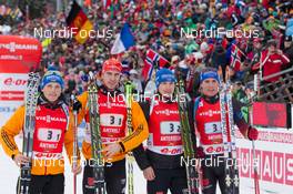 19.01.2014, Antholz, Italy (ITA): Eric Lesser (GER), Arnd Peiffer (GER), Andreas Birnbacher  (GER), Simon Schempp (GER) - IBU world cup biathlon, relay men, Antholz (ITA). www.nordicfocus.com. © Manzoni/NordicFocus. Every downloaded picture is fee-liable.