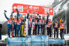 19.01.2014, Antholz, Italy (ITA): Biathlon Feature: The full podium with Sweden, France and Germany - IBU world cup biathlon, relay men, Antholz (ITA). www.nordicfocus.com. © Manzoni/NordicFocus. Every downloaded picture is fee-liable.