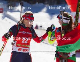 09.03.2014, Pokljuka, Slovenia (SLO): Olga Zaitseva (RUS), Darya Domracheva (BLR) - IBU world cup biathlon, mass women, Pokljuka (SLO). www.nordicfocus.com. © Manzoni/NordicFocus. Every downloaded picture is fee-liable.