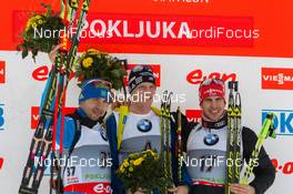 06.03.2014, Pokljuka, Slovenia (SLO): Anton Shipulin (RUS), Bjoern Ferry (SWE), Arnd Peiffer (GER) - IBU world cup biathlon, sprint men, Pokljuka (SLO). www.nordicfocus.com. © Manzoni/NordicFocus. Every downloaded picture is fee-liable.