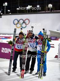 13.02.2014, Sochi, Russia (RUS): Erik Lesser (GER), Martin Fourcade (FRA), Evgeniy Garanichev (RUS), (l-r) - XXII. Olympic Winter Games Sochi 2014, biathlon, individual men, Sochi (RUS). www.nordicfocus.com. © NordicFocus. Every downloaded picture is fee-liable.
