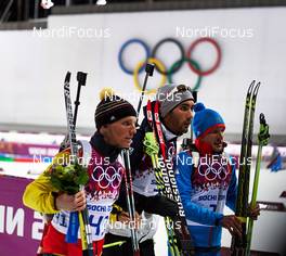 13.02.2014, Sochi, Russia (RUS): Erik Lesser (GER), Martin Fourcade (FRA), Evgeniy Garanichev (RUS), (l-r) - XXII. Olympic Winter Games Sochi 2014, biathlon, individual men, Sochi (RUS). www.nordicfocus.com. © NordicFocus. Every downloaded picture is fee-liable.