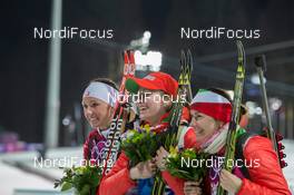 14.02.2014, Sochi, Russia (RUS): Selina Gasparin (SUI), Darya Domracheva (BLR), Nadezhda Skardino (BLR) - XXII. Olympic Winter Games Sochi 2014, biathlon, individual women, Sochi (RUS). www.nordicfocus.com. © NordicFocus. Every downloaded picture is fee-liable.