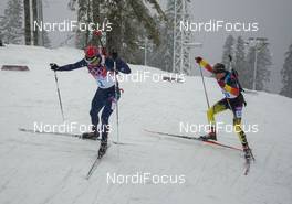 18.02.2014, Sochi, Russia (RUS): Ole Einar Bjoerndalen (NOR), Simon Schempp (GER) - XXII. Olympic Winter Games Sochi 2014, biathlon, mass men, Sochi (RUS). www.nordicfocus.com. © NordicFocus. Every downloaded picture is fee-liable.