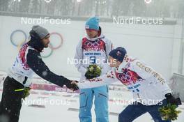 18.02.2014, Sochi, Russia (RUS): Martin Fourcade (FRA), Emil Hegle Svendsen (NOR), Ondrej Moravec (CZE) - XXII. Olympic Winter Games Sochi 2014, biathlon, mass men, Sochi (RUS). www.nordicfocus.com. © NordicFocus. Every downloaded picture is fee-liable.