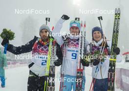 18.02.2014, Sochi, Russia (RUS): Martin Fourcade (FRA), Emil Hegle Svendsen (NOR), Ondrej Moravec (CZE) - XXII. Olympic Winter Games Sochi 2014, biathlon, mass men, Sochi (RUS). www.nordicfocus.com. © NordicFocus. Every downloaded picture is fee-liable.