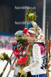 17.02.2014, Sochi, Russia (RUS): Gabriela Soukalova (CZE), Darya Domracheva (BLR), Tiril Ekhoff (NOR) - XXII. Olympic Winter Games Sochi 2014, biathlon, mass women, Sochi (RUS). www.nordicfocus.com. © NordicFocus. Every downloaded picture is fee-liable.