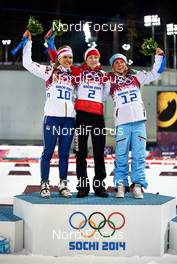 17.02.2014, Sochi, Russia (RUS): Gabriela Soukalova (CZE), Darya Domracheva (BLR), Tiril Eckhoff (NOR), (l-r) - XXII. Olympic Winter Games Sochi 2014, biathlon, mass women, Sochi (RUS). www.nordicfocus.com. © NordicFocus. Every downloaded picture is fee-liable.