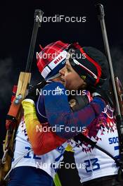 17.02.2014, Sochi, Russia (RUS): Tiril Eckhoff (NOR), Evi Sachenbacher-Stehle (GER), (l-r) - XXII. Olympic Winter Games Sochi 2014, biathlon, mass women, Sochi (RUS). www.nordicfocus.com. © NordicFocus. Every downloaded picture is fee-liable.