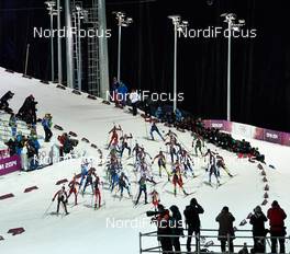 17.02.2014, Sochi, Russia (RUS): the big group in the first uphill - XXII. Olympic Winter Games Sochi 2014, biathlon, mass women, Sochi (RUS). www.nordicfocus.com. © NordicFocus. Every downloaded picture is fee-liable.