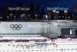17.02.2014, Sochi, Russia (RUS): women's start with shooting range in the background - XXII. Olympic Winter Games Sochi 2014, biathlon, mass women, Sochi (RUS). www.nordicfocus.com. © NordicFocus. Every downloaded picture is fee-liable.