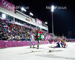 17.02.2014, Sochi, Russia (RUS): Gabriela Soukalova (CZE), Darya Domracheva (BLR), Tiril Eckhoff (NOR), Evi Sachenbacher-Stehle (GER), (l-r) - XXII. Olympic Winter Games Sochi 2014, biathlon, mass women, Sochi (RUS). www.nordicfocus.com. © NordicFocus. Every downloaded picture is fee-liable.