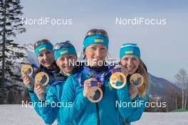 23.02.2014, Sochi, Russia (RUS): Juliya Dzhyma (UKR), Vita Semerenko (UKR), Valj Semerenko (UKR), Olena Pidhrushna (UKR) - XXII. Olympic Winter Games Sochi 2014, biathlon, medals, Sochi (RUS). www.nordicfocus.com. © NordicFocus. Every downloaded picture is fee-liable.