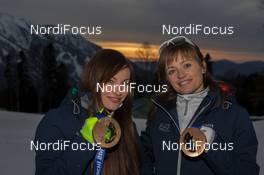 22.02.2014, Sochi, Russia (RUS): Dorothea Wierer (ITA), Karin Oberhofer (ITA) - XXII. Olympic Winter Games Sochi 2014, biathlon, medals, Sochi (RUS). www.nordicfocus.com. © NordicFocus. Every downloaded picture is fee-liable.