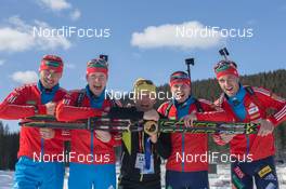 03.03.2014, Sochi, Russia (RUS): Anton Shipulin (RUS), Alexey Volkov (RUS), Michael Grossegger (AUT), Evgeny Ustyugov (RUS), Dmitry Malyshko (RUS) - XXII. Olympic Winter Games Sochi 2014, biathlon, medals, Sochi (RUS). www.nordicfocus.com. © NordicFocus. Every downloaded picture is fee-liable.