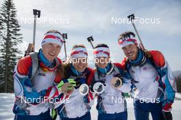 21.02.2014, Sochi, Russia (RUS): Ondrej Moravec (CZE), Gabriela Soukalova (CZE), Veronika Vitkova (CZE), Jaroslav Soukup (CZE) - XXII. Olympic Winter Games Sochi 2014, biathlon, medals, Sochi (RUS). www.nordicfocus.com. © NordicFocus. Every downloaded picture is fee-liable.