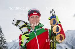 21.02.2014, Sochi, Russia (RUS): Darya Domracheva (BLR) - XXII. Olympic Winter Games Sochi 2014, biathlon, medals, Sochi (RUS). www.nordicfocus.com. © NordicFocus. Every downloaded picture is fee-liable.