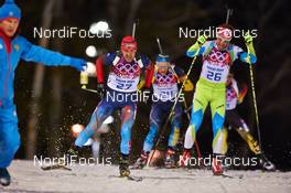 10.02.2014, Sochi, Russia (RUS): Evgeniy Garanichev (RUS), Carl Johan Bergman (SWE), Klemen Bauer (SLO), (l-r) - XXII. Olympic Winter Games Sochi 2014, biathlon, pursuit men, Sochi (RUS). www.nordicfocus.com. © NordicFocus. Every downloaded picture is fee-liable.