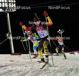 10.02.2014, Sochi, Russia (RUS): Klemen Bauer (SLO), Arnd Peiffer (GER), Erik Lesser (GER), (l-r) - XXII. Olympic Winter Games Sochi 2014, biathlon, pursuit men, Sochi (RUS). www.nordicfocus.com. © NordicFocus. Every downloaded picture is fee-liable.