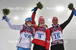 11.02.2014, Sochi, Russia (RUS): Tora Berger (NOR), Darya Domracheva (BLR), Teja Gregorin (SLO), (l-r) - XXII. Olympic Winter Games Sochi 2014, biathlon, pursuit women, Sochi (RUS). www.nordicfocus.com. © NordicFocus. Every downloaded picture is fee-liable.