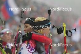 11.02.2014, Sochi, Russia (RUS): Megan Imrie (CAN), Zina Kocher (CAN) - XXII. Olympic Winter Games Sochi 2014, biathlon, pursuit women, Sochi (RUS). www.nordicfocus.com. © NordicFocus. Every downloaded picture is fee-liable.