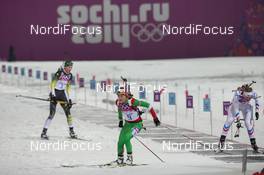 11.02.2014, Sochi, Russia (RUS): Darya Domracheva (BLR), Anais Bescond (FRA), Anastasiya Kuzmina (SVK) - XXII. Olympic Winter Games Sochi 2014, biathlon, pursuit women, Sochi (RUS). www.nordicfocus.com. © NordicFocus. Every downloaded picture is fee-liable.