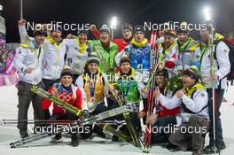 22.02.2014, Sochi, Russia (RUS): Eric Lesser (GER), Arnd Peiffer (GER), Daniel Boehm (GER), Simon Schempp (GER), Mark Kirchner (GER) coach Team Germany, FritzFischer (GER) coach Team Germany with the complete team staff - XXII. Olympic Winter Games Sochi 2014, biathlon, relay men, Sochi (RUS). www.nordicfocus.com. © NordicFocus. Every downloaded picture is fee-liable.