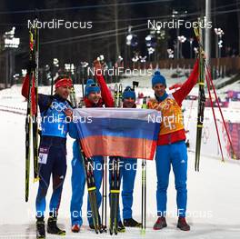 22.02.2014, Sochi, Russia (RUS): Anton Shipulin (RUS), Alexey Volkov (RUS), Evgeny Ustyugov (RUS), Dmitry Malyshko (RUS), (l-r) - XXII. Olympic Winter Games Sochi 2014, biathlon, relay men, Sochi (RUS). www.nordicfocus.com. © NordicFocus. Every downloaded picture is fee-liable.