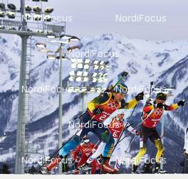 22.02.2014, Sochi, Russia (RUS): Tobias Arwidson (SWE), Erik Lesser (GER), (l-r) - XXII. Olympic Winter Games Sochi 2014, biathlon, relay men, Sochi (RUS). www.nordicfocus.com. © NordicFocus. Every downloaded picture is fee-liable.