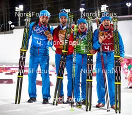 22.02.2014, Sochi, Russia (RUS): Anton Shipulin (RUS), Dmitry Malyshko (RUS), Evgeny Ustyugov (RUS), Alexey Volkov (RUS), (l-r) - XXII. Olympic Winter Games Sochi 2014, biathlon, relay men, Sochi (RUS). www.nordicfocus.com. © NordicFocus. Every downloaded picture is fee-liable.