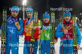 22.02.2014, Sochi, Russia (RUS): Anton Shipulin (RUS), Dmitry Malyshko (RUS), Evgeny Ustyugov (RUS), Alexey Volkov (RUS) - XXII. Olympic Winter Games Sochi 2014, biathlon, relay men, Sochi (RUS). www.nordicfocus.com. © NordicFocus. Every downloaded picture is fee-liable.